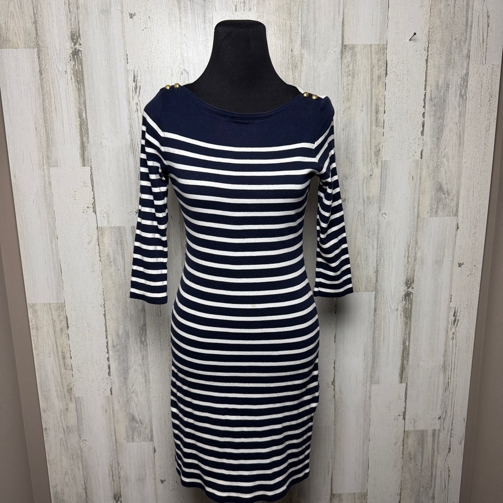 Lauren Ralph Lauren SZ M Navy Nautical White Stripe Dress Coastal Preppy Spring - Picture 11 of 12